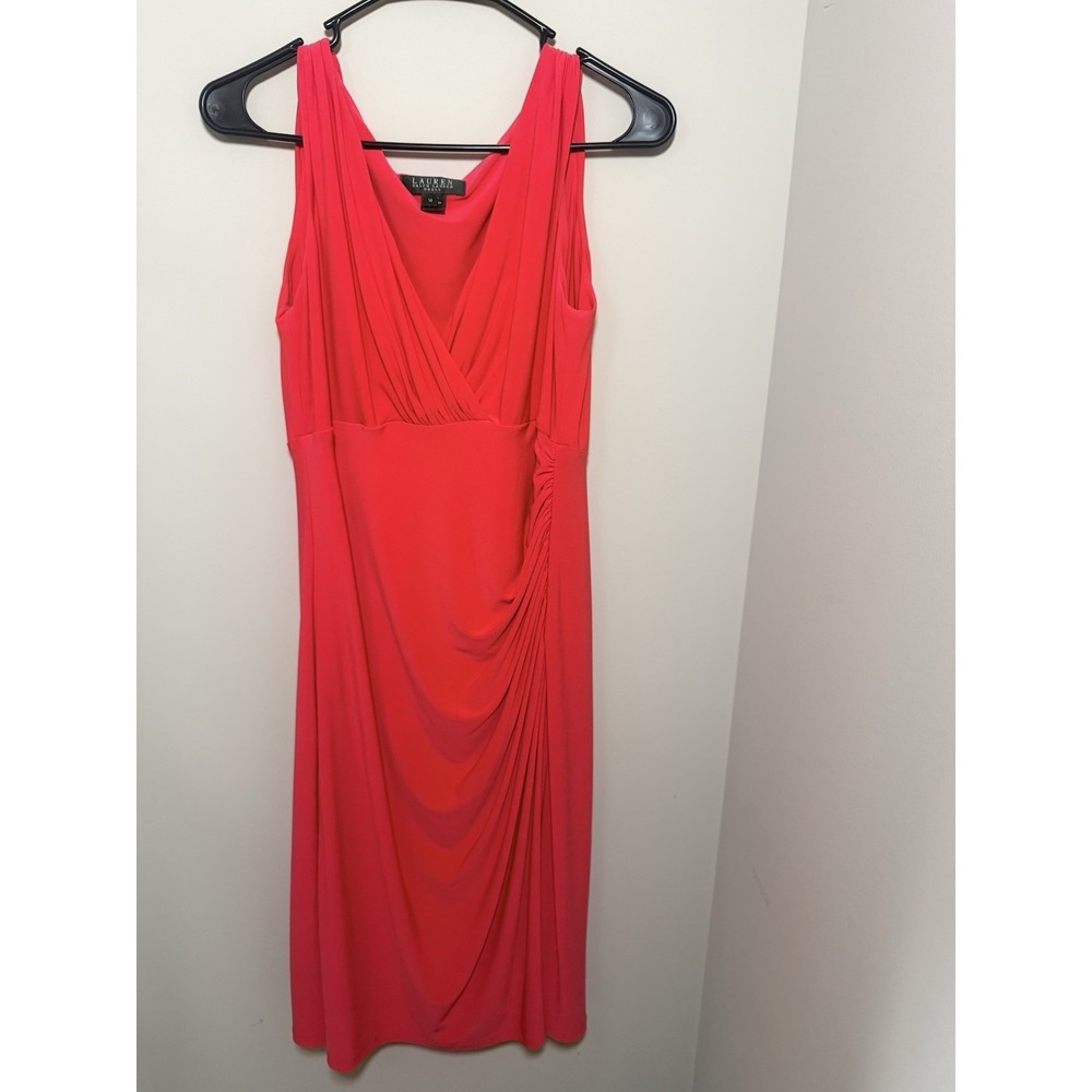 Lauren Ralph Lauren Red Ruched Sleeveless V-Neck Sheath Dress Size 10